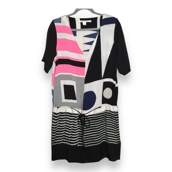Diane von Furstenberg, Vintage Diane Von Furstenberg Koemi Silk Dress geometric 70s short sleeve size 6