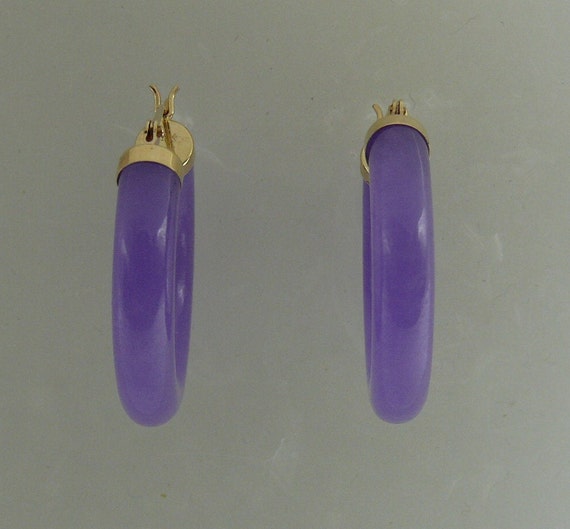 Lavender Jade 4.5 mm x 25.4 mm Hoop Earrings 14k Yellow Gold