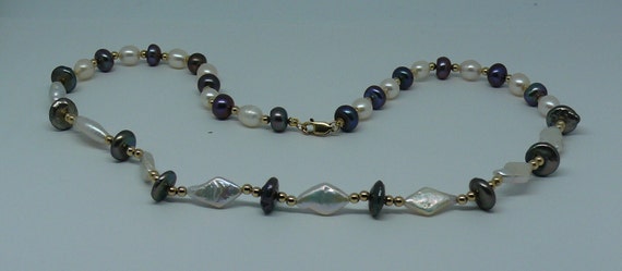 Freshwater White & Black Pearl Necklace, 14k Gold Filled Beads and Lobster Lock