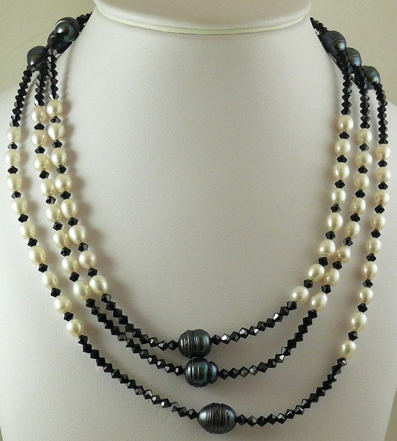 Freshwater White & Black Pearl with Black Austrian Crystal and Silver Clasp