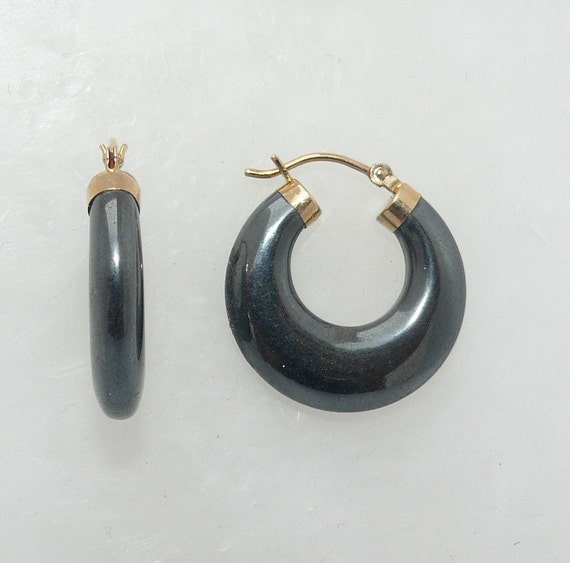 Hematite Hoop Earrings 14k Yellow Gold