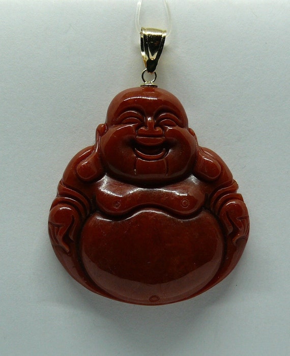 Red Jade Buddha Pendant 14k Yellow Gold