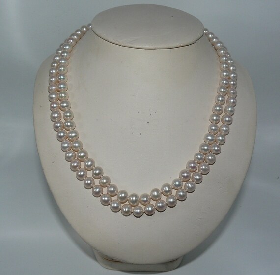Freshwater White Pearl Double Strand Necklace with 14k White Gold Clasp