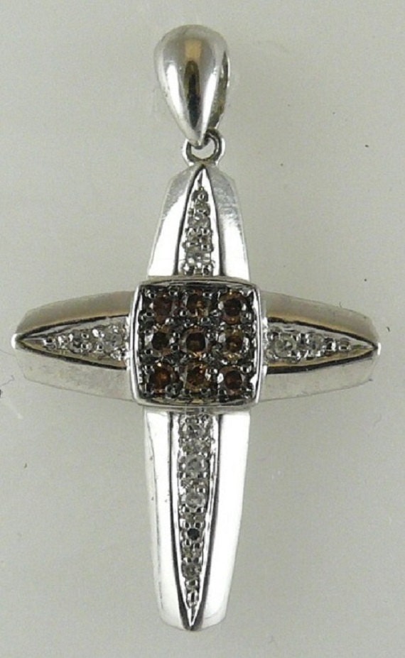 White and Brown Diamond 0. 27ct Cross Pendant 14K White Gold