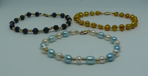 Freshwater Pearl and Semi Precious III Bracelet Set, 14k Gold Filled Beads & Clasp