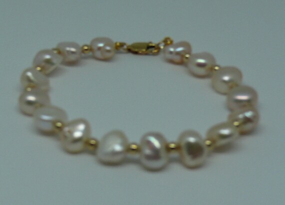 Freshwater 6-7mm Flat Pearl Bracelet with 14k Gold Filled beads and Lobster Lock