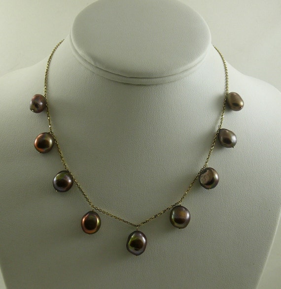 Freshwater Chocolate Nugget Shape Pearl Necklace 14K Yellow Gold 16" Long