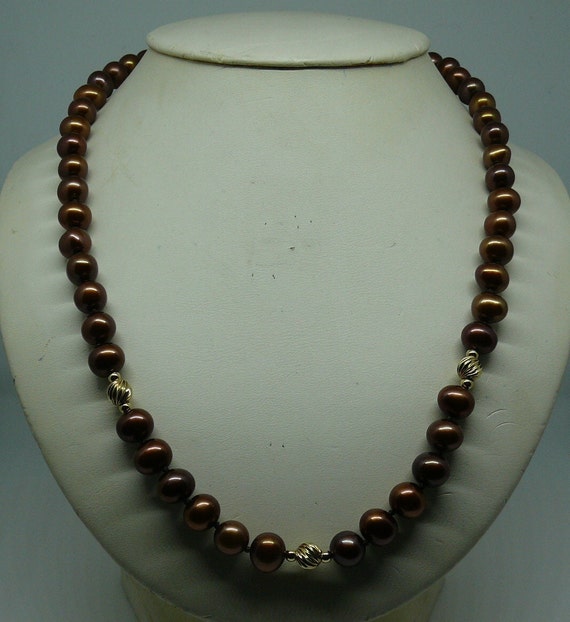 Freshwater Chocolate Necklace 14k Yellow Gold Beads and Clasp 19 1/2 Inches