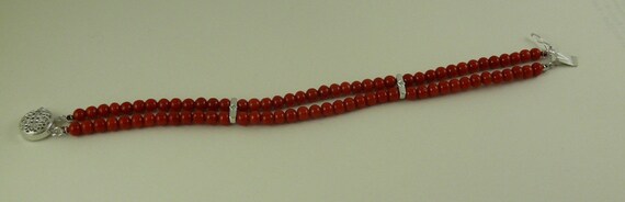 Italian 4.5 mm- 5 mm Coral Double Strand Bracelet ,14K White Gold & Dia 0.006ct