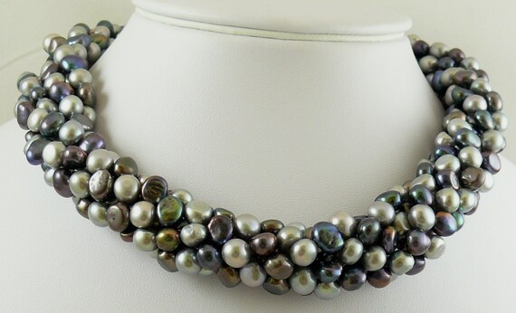 Fresh Water Black & Gray Pearl 6 Strand Necklace with 14k Yellow Gold Clasp