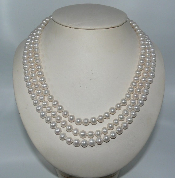 Freshwater White Pearl Triple Strand Necklace with 14k Yellow Gold Clasp