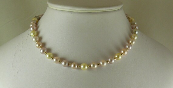 Multi-Color Freshwater Pearl Necklace,14k Yellow Gold Beads & Clasp 15" Long