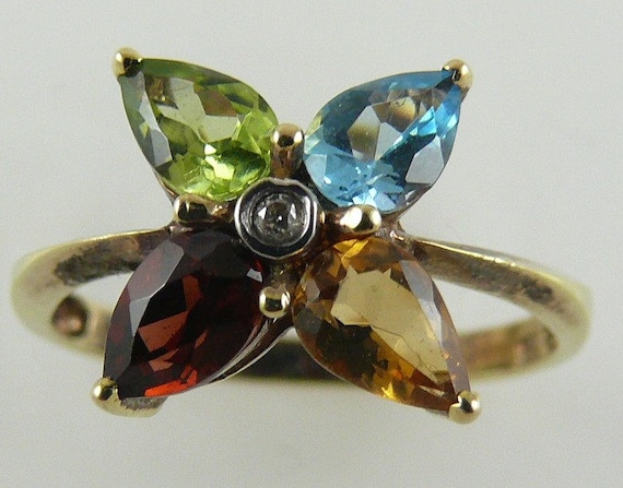 Multi Color Gemstone Ring 14K Yellow Gold with Diamond 0.01ct