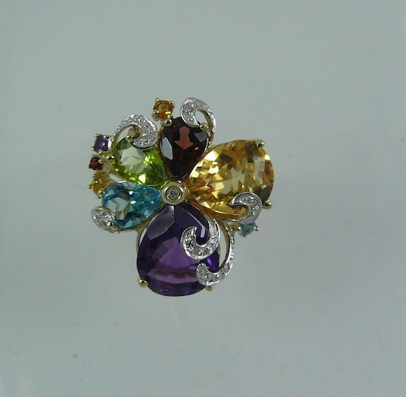 Multi-Color Gemstone Ring 14K Yellow Gold and Diamonds 0.06ct