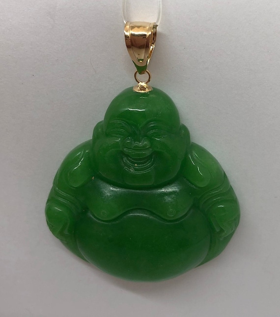 Green Jade Buddha Pendant 14k Yellow Gold