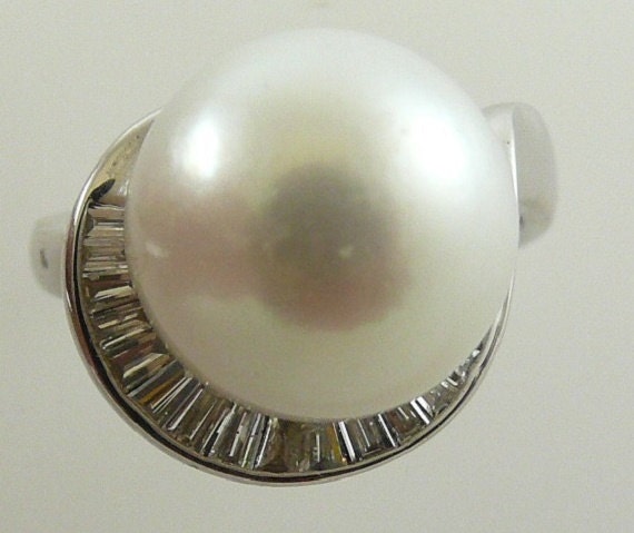 South Sea White 12.6mm Pearl Ring and Diamonds 0.61ct 18K White Gold