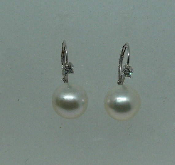 Akoya White 10.3 mm & 10.4mm Pearl Earrings 14k White Gold with Diamonds 0.19ct