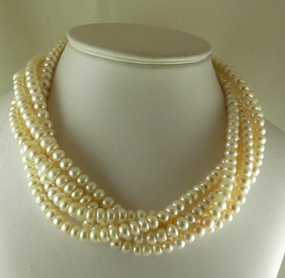 Freshwater White Choker 5 Strands 7.5 mm - 8.0 mm Pearl Necklace,14K White Gold