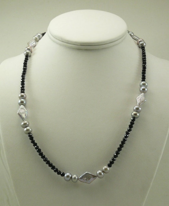 Freshwater Gray Pearl and Black Spinel Necklace with Sterling Silver Clasp