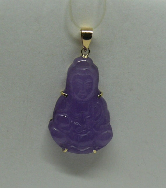 Lavender Jade Lady Buddha Pendant 14k Yellow Gold
