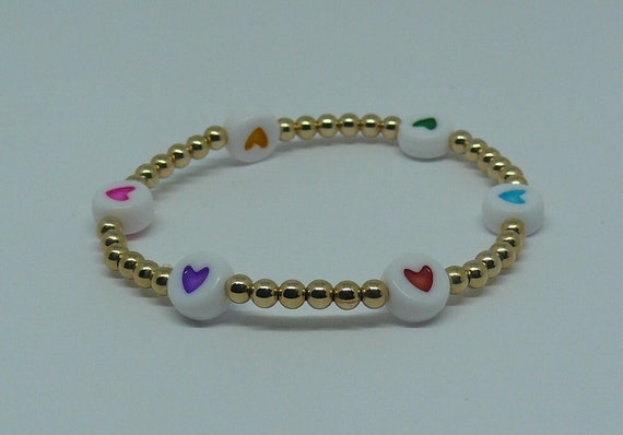 14k Yellow Gold-Filled Beaded Bracelet with Multicolor Hearts 5 1/2" Long