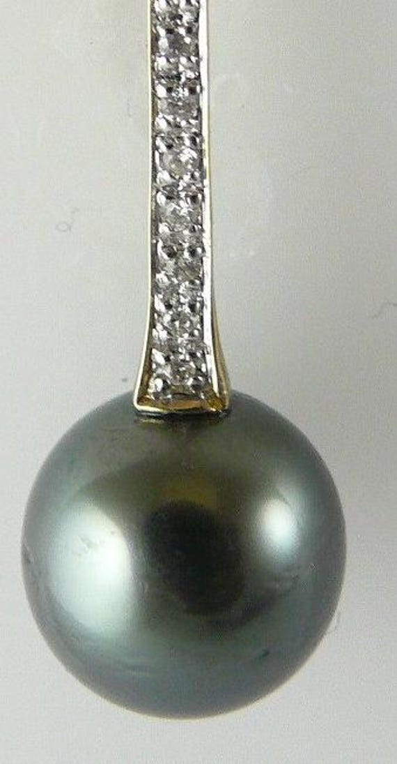 Tahitian Black Pearl 10.9 mm x 11.2 mm Pendant 14K Yellow Gold & Diamonds 0.08ct