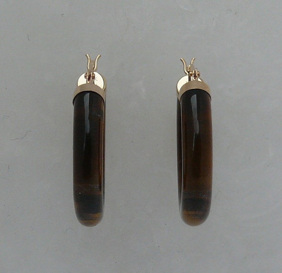 Tiger Eye 4.5 x 25 mm Hoop Earrings 14k Yellow Gold