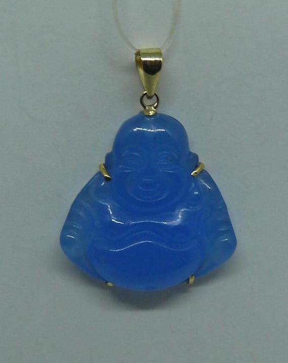 Blue Jade Buddha Pendant 14k Yellow Gold