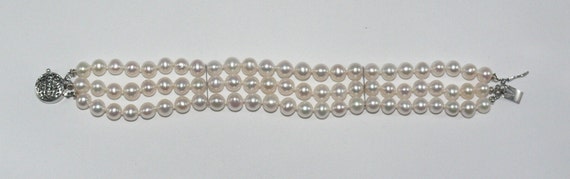 Freshwater White Pearl Triple Strand Bracelet 14k White Gold Clasp