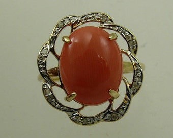 Coral 12.3 mm x 10 mm Ring 14k Yellow Gold and Diamonds 0.08ct