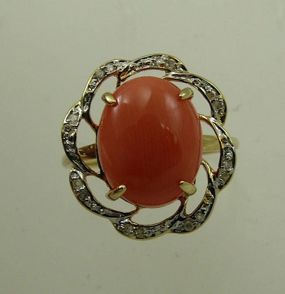 Coral 12.3 mm x 10 mm Ring 14k Yellow Gold and Diamonds 0.08ct