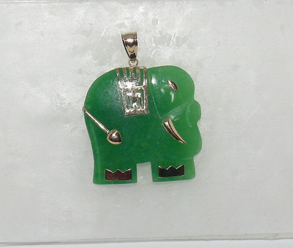 Green Jade Elephant Pendant 14k Yellow Gold