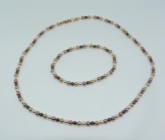 Multi-Color 4 mm Gold Filled, Silver and Hematite Bead Necklace and Bracelet Set