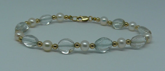Freshwater Pearl & Aquamarine Bracelet with 14k Yellow Gold-Filled Beads and Clasp