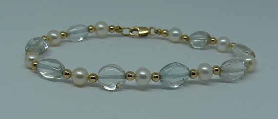 Freshwater Pearl & Aquamarine Bracelet with 14k Yellow Gold-Filled Beads and Clasp