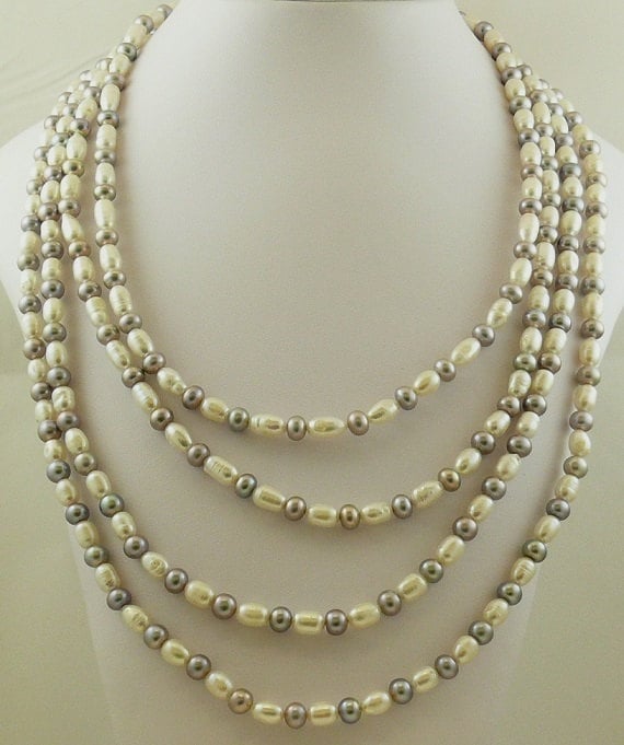 Freshwater Gray and White Pearl Necklace with Sterling Silver Fish Lock 100"