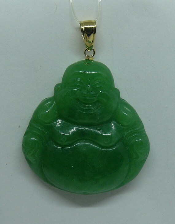 Green Jade Buddha Pendant 14k Yellow Gold