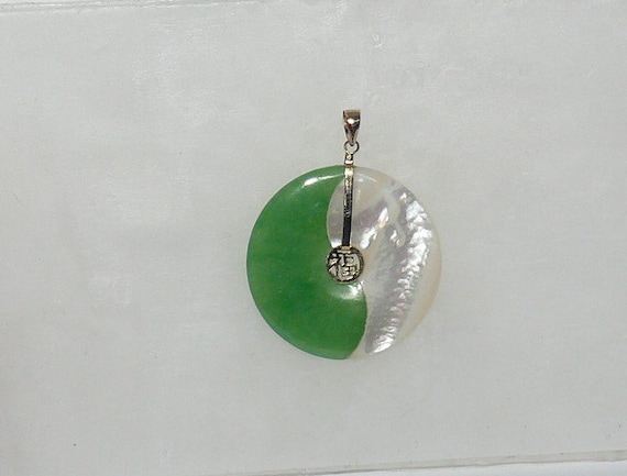 Green Jade and Mother of Pearl Yin Yang Pendant 14k Yellow Gold