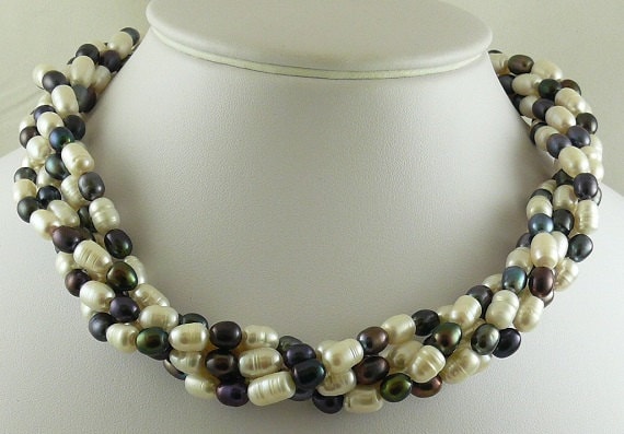 Freshwater White & Peacock Color Pearl Choker Necklace w Sterling Silver Clasp