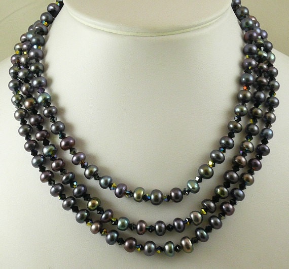 Freshwater Black 7.7 mm to 7.9 mm Pearl & Crystals Triple Strand Necklace