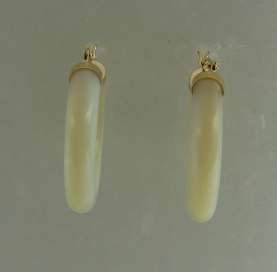 Mother of Pearl 4.5 x 25 mm Hoop Earrings 14k Yellow Gold
