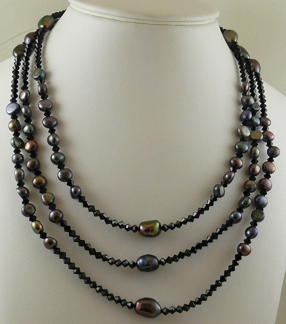 Freshwater Black Pearls & Black Austrian Crystal Necklace Silver Clasp