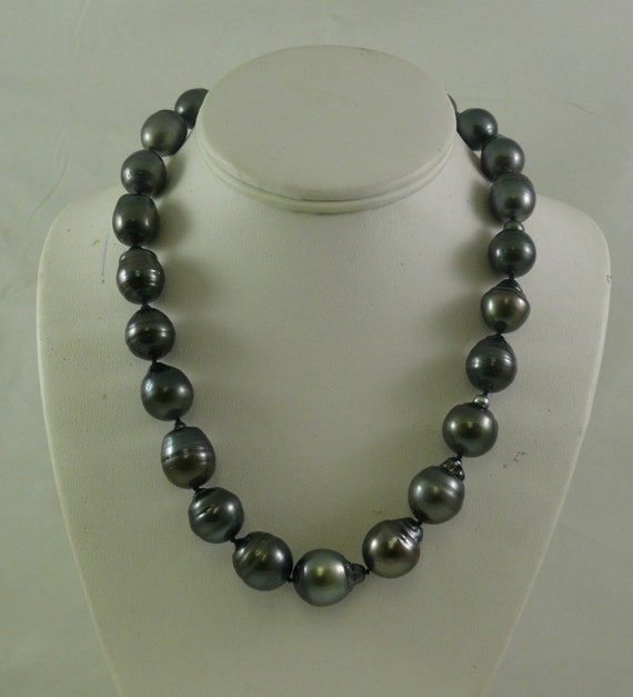 Tahitian Black 14.0 - 16.5 mm Baroque Pearl Necklace 14k White Gold Clasp 19"