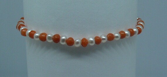 Freshwater White Pearl and Italian Coral Bracelet with 14k Yellow Gold Clasp