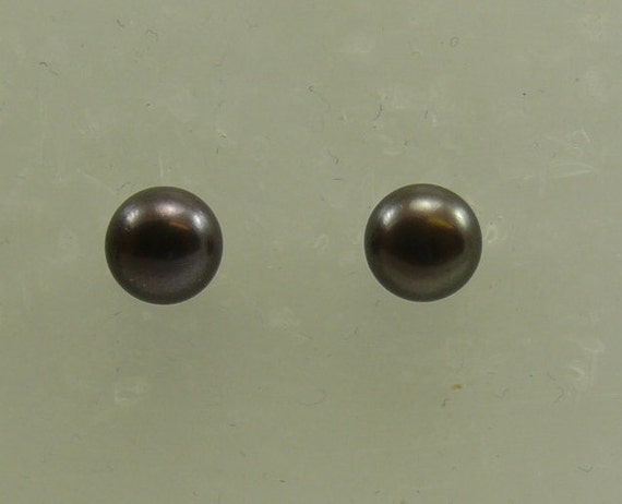 Freshwater Black Button Shape Pearl Earring 14k White Gold Post and Push Back