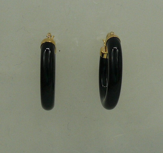 Black Onyx 4.5 x 25 mm Hoop Earrings 14k Yellow Gold