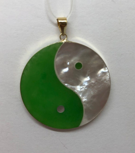Green Jade and Mother of Pearl Yin Yang Pendant 14k Yellow Gold