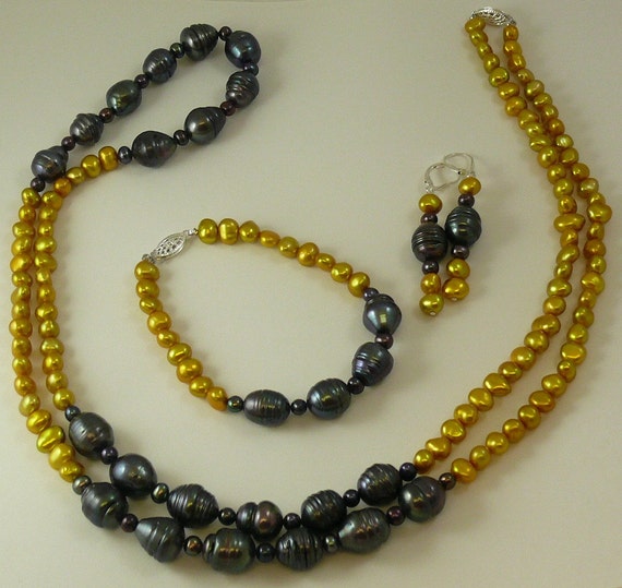 Freshwater Golden & Black Pearl Necklace,Bracelet and Earring Set with Silver Clasp