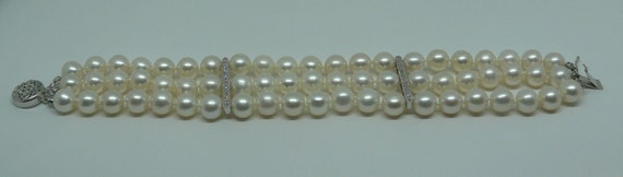 Freshwater Pearl Triple Strand Bracelet with 14k White Gold Clasp & Diamond Bars