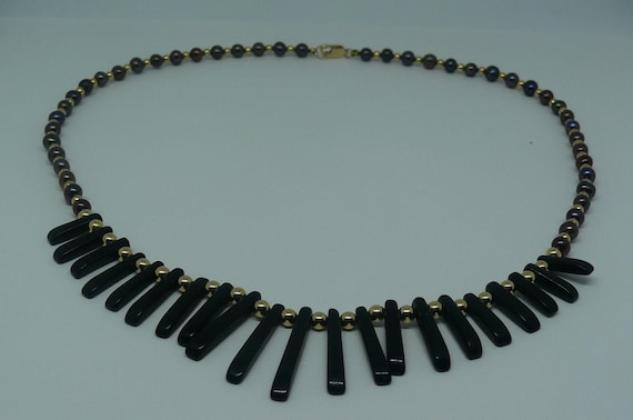 Freshwater Pearl & Black Onyx Cleopatra Style Necklace with 14k Gold Filled Lock